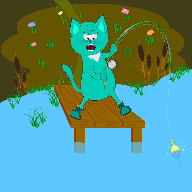 猫是钓鱼卡通漫画矢量插图图片下载