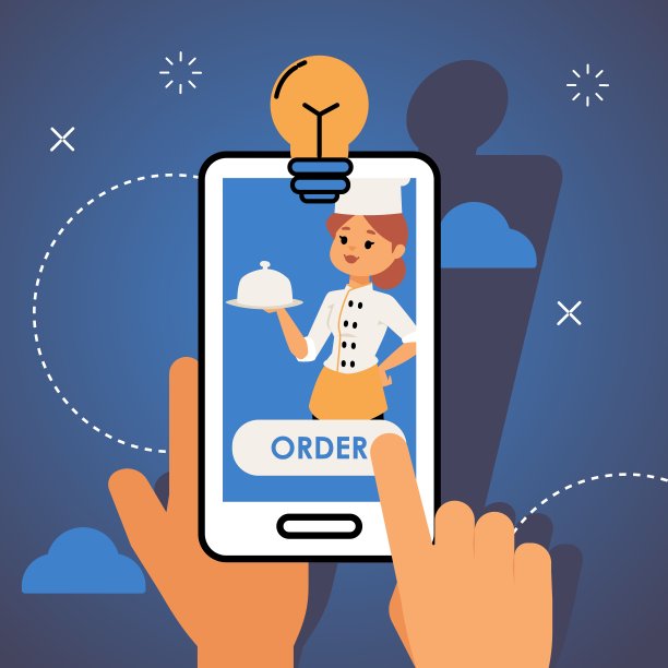 外卖app概念，矢量插画。网上订餐，现代餐饮服务。女服务员卡通人物拿着盘子图片下载