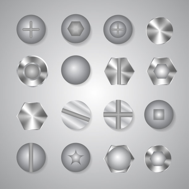 金属钢铆钉，头公螺钉，钉矢量设置孤立在白色背景上。装饰灰色五金配件为木工，拉丝钢背景，建筑海报，横幅。图片下载