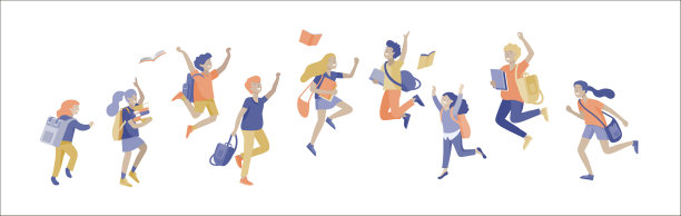 快乐的学校孩子们快乐地跳跃和笑声孤立在白色的背景。幸福、快乐和乐趣的概念。矢量插图的横幅，海报，网站图片下载