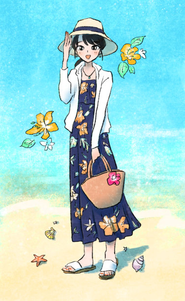 一个穿着木木连衣裙的女孩在海边。图片下载