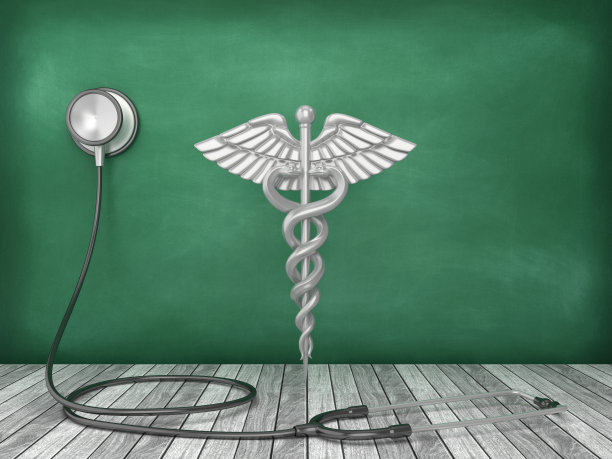 听诊器与Caduceus符号在黑板背景- 3D渲染图片下载