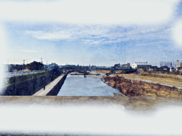 抽象办公建筑和树木景观以日本水彩画为背景。城市上的数字插画刷艺术。图片下载