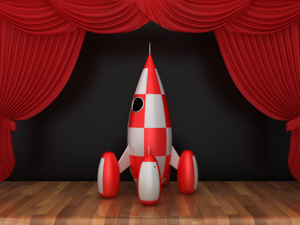 红色舞台窗帘与火箭在木地板- 3D渲染图片下载