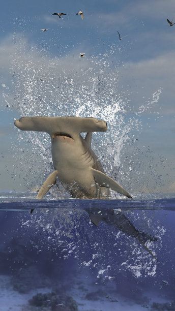 锤头鲨跳跃和跳出水线半分割视图水下3d渲染图片下载