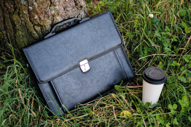 公园的绿草地上放着一个黑色的商务公文包，还有一杯外卖咖啡。图片下载