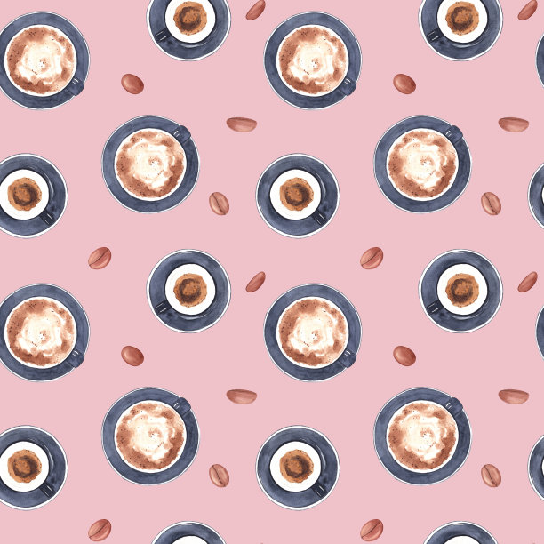 咖啡杯和咖啡豆水彩无缝图案上的粉红色图片下载