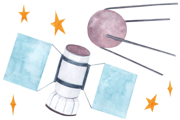 水彩卫星和星星在白色的背景图片下载