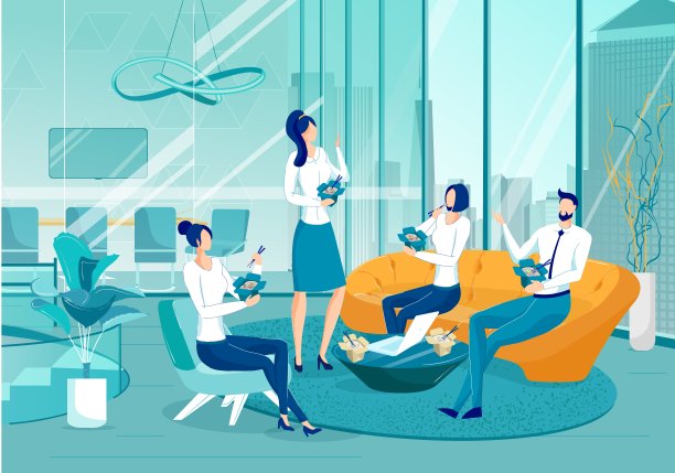 同事在办公室用商务午餐。图片下载