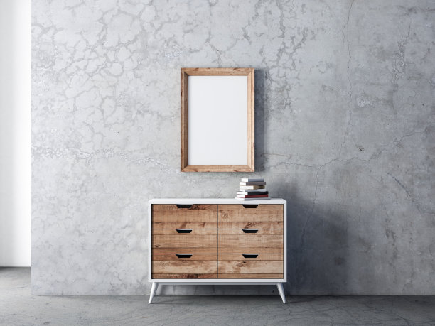 木质的垂直框架模型挂在现代客厅的混凝土墙上图片下载