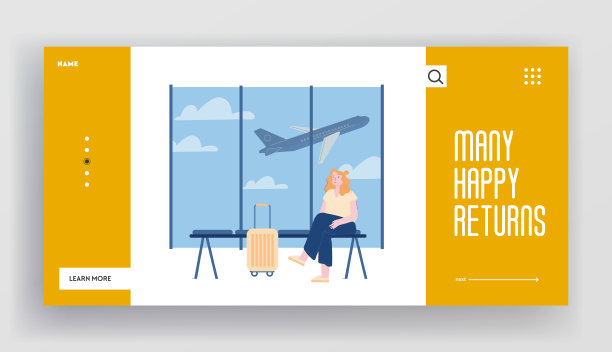 女孩去旅行网站登陆页。带着行李的年轻女子在机场候机厅候机，背景是正在飞行的飞机。假期网页横幅。卡通平面矢量插图图片下载