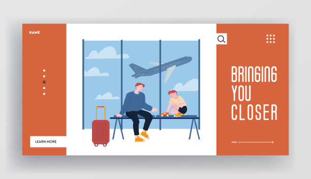 父亲与儿子暑假旅游网站登陆页面。年轻男子和小男孩在机场候机楼等候区，飞机在空中飞行。网页横幅。卡通平面矢量插图图片下载