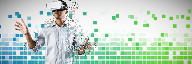 使用虚拟现实头盔的人的合成图像图片下载