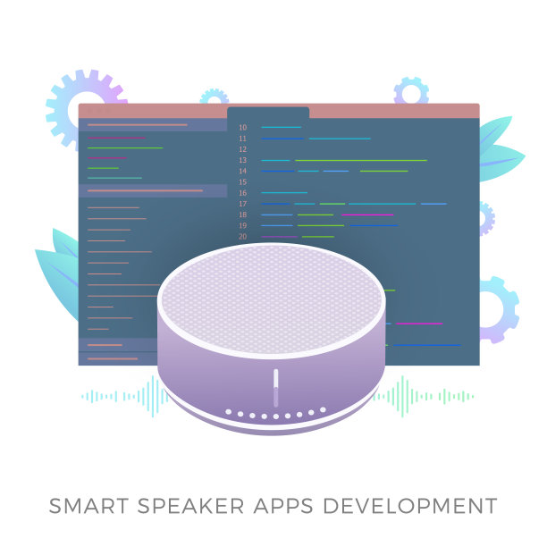 智能音箱应用开发平面矢量图标。无线虚拟语音助手应用软件开发代码窗口。孤立在白色矢量插图图片下载