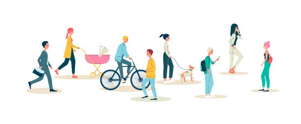 人群多元化的城市人行走在街道上，平面矢量插图孤立。图片下载