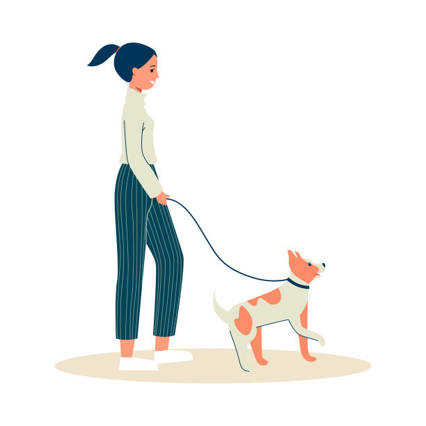 女人或年轻女孩在户外散步与狗，平面矢量插图孤立。图片下载