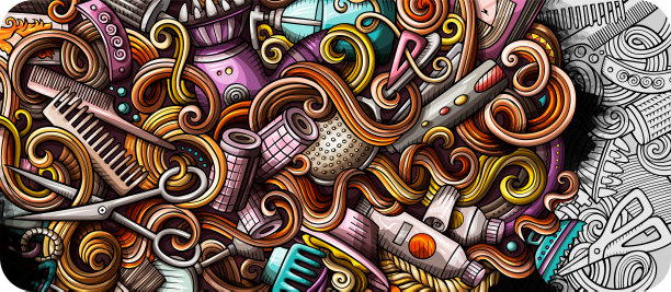 发廊手绘涂鸦横幅。卡通详细的插图。图片下载