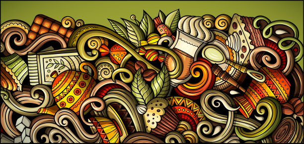 咖啡馆手绘涂鸦横幅。卡通详细的传单。图片下载