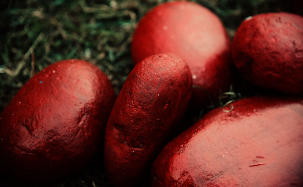 红色的石头在绿色的地面上独特的照片图片下载