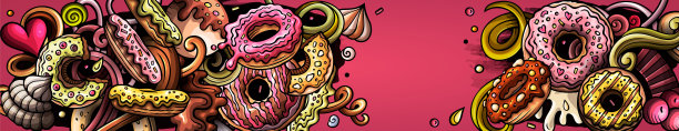 甜甜圈手绘涂鸦横幅。卡通详细的插图。图片下载