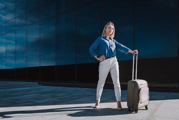 漂亮优雅的女士提着旅行箱站在街上图片下载