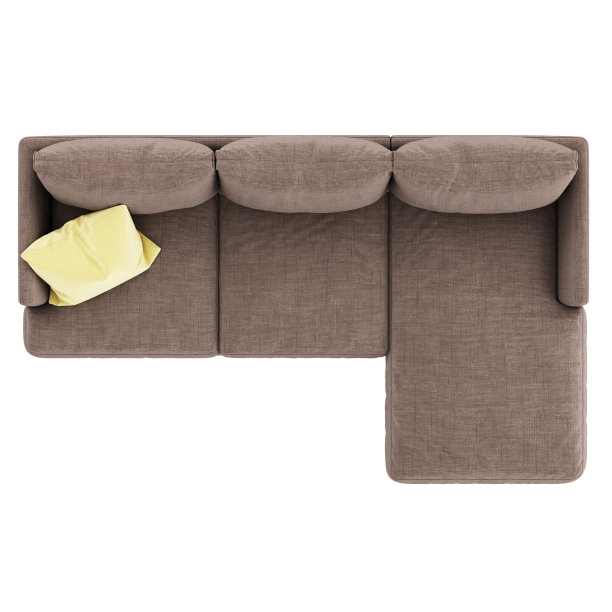 柔软的棕色织物沙发木制腿与黄色枕头pert在白色的背景。前视图。三维渲染图片下载