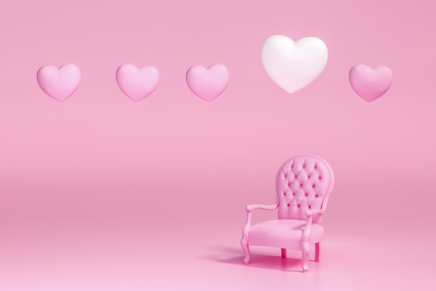 抽象甜蜜的粉色心和豪华的椅子与领奖台展示站在粉彩背景3d渲染。3d插图情人节贺卡模板最小图片下载