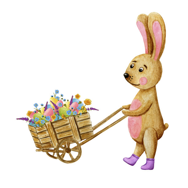 水彩复活节卡片与一个装满鸡蛋的木制手推车放置文字图片下载