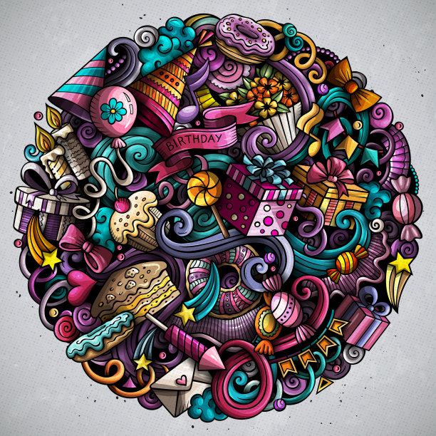 假日手绘矢量涂鸦插图。生日海报设计图片下载