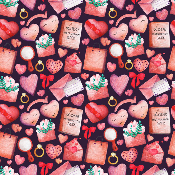 手绘无缝水彩信封图案，心，花，环，弓，镜。情人节或妇女节贺卡、请柬、墙纸、包装纸的浪漫插图设计图片下载