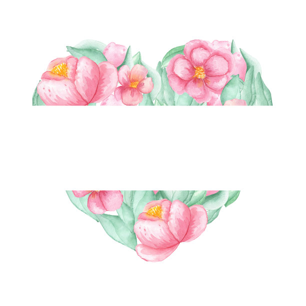 插图水彩贺卡与粉红色牡丹的心和绿色的叶子在一个白色的背景。素材图片