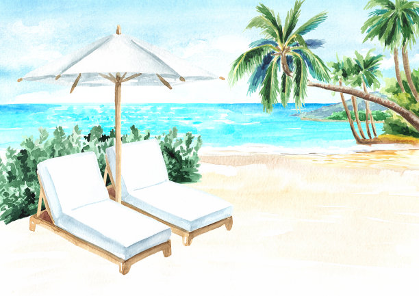 海景。热带海滩与海，白色的沙子，棕榈树，太阳躺椅和伞，暑假概念，手绘水彩水平插图图片下载