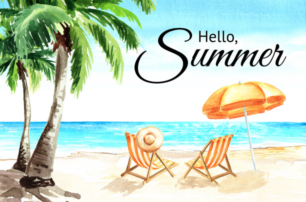 海景。热带海滩与海，白色的沙子，棕榈树，太阳躺椅和沙滩伞，夏季度假概念和卡片。手绘水彩插图图片下载