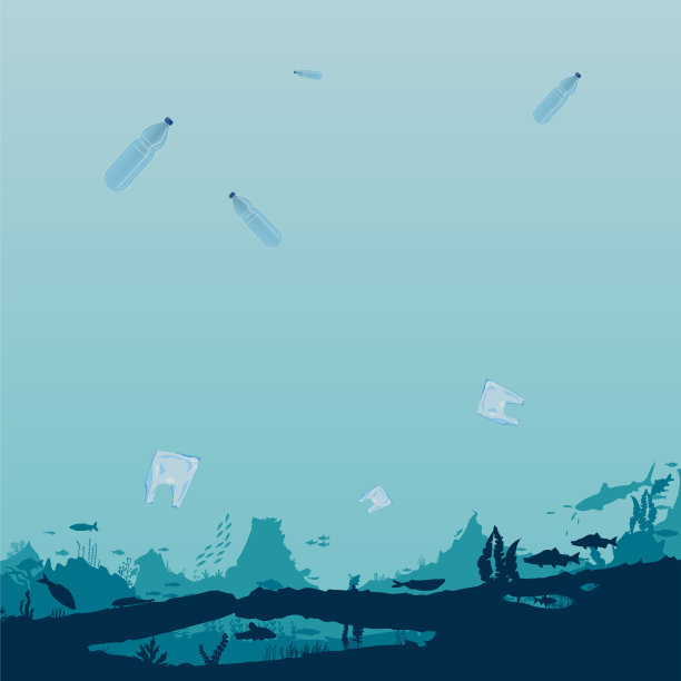 鱼和海藻在礁石的背景上。水下海洋场景。深蓝色的海水，珊瑚礁和水下植物。美丽的水下景色;带有珊瑚礁的矢量海景。图片下载