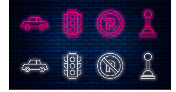 设置线路交通灯，禁止停车，汽车和换挡。砖墙上发光的霓虹灯图标。向量图片下载