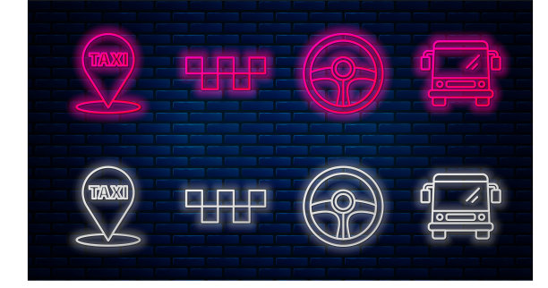 设置直线出租车车顶，方向盘，出租车和公交车的地图指针。砖墙上发光的霓虹灯图标。向量图片下载