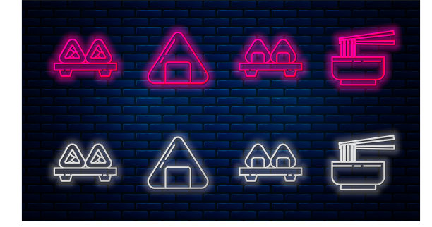 寿司，切板寿司，切板寿司，碗里寿司和筷子。砖墙上发光的霓虹灯图标。向量图片下载