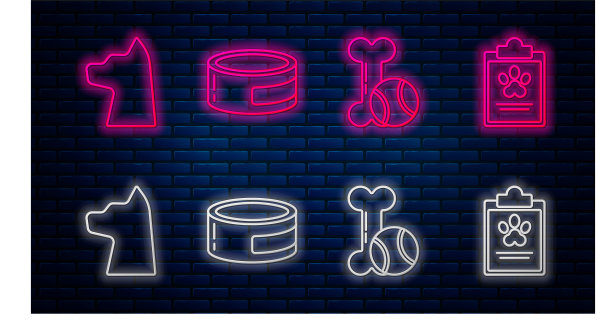 成套罐头食品、宠物玩具、骨胶球、宠物猫、医疗临床记录夹板等。砖墙上发光的霓虹灯图标。向量图片下载
