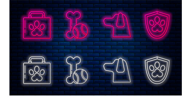 系列宠物玩具骨胶球、狗、宠物急救箱、动物健康保险。砖墙上发光的霓虹灯图标。向量图片下载