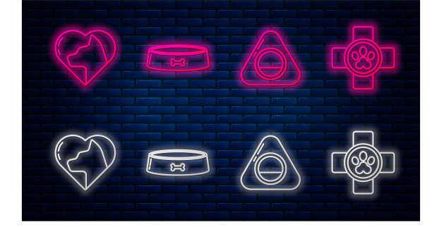 套行宠物食碗、宠物床、爱心猫及兽医诊所标志。砖墙上发光的霓虹灯图标。向量图片下载