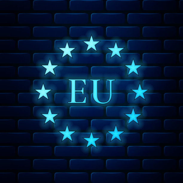 在砖墙的背景上孤立的欧盟霓虹灯标志。欧盟圆象征。挥舞着欧盟旗帜。矢量图图片下载