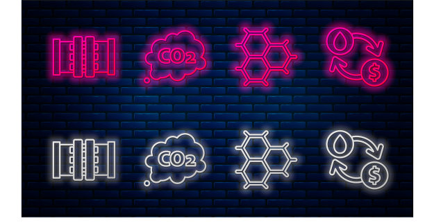 设置管路二氧化碳排放云，化学式组成的苯环，工业金属管和阀门及油品交换，水输送，转化。砖墙上发光的霓虹灯图标。向量图片下载