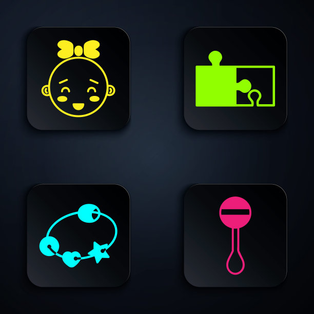 设置拨浪鼓婴儿玩具，快乐小女孩头，拨浪鼓婴儿玩具和一块拼图。黑色方形按钮。向量图片下载