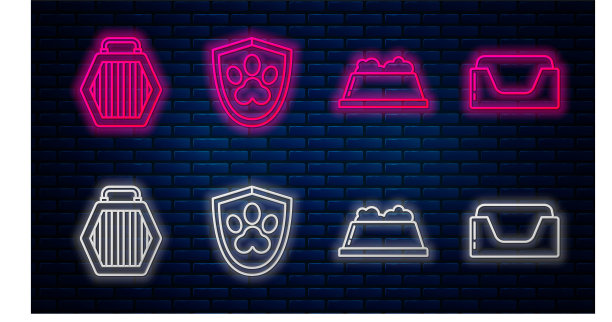 设有动物健康保险、宠物食品碗、宠物拎包、宠物床等系列产品。砖墙上发光的霓虹灯图标。向量图片下载