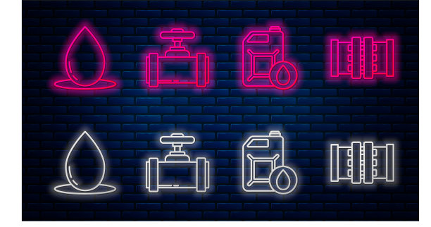 生产线用于工业金属管道及阀门、电机机油罐、滴油罐及工业金属管道及阀门。砖墙上发光的霓虹灯图标。向量图片下载