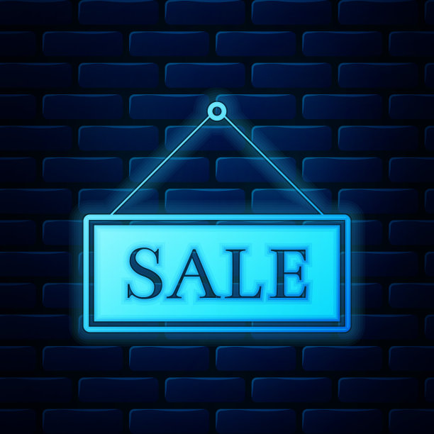 发光的霓虹灯悬挂标志与文字销售图标隔离在砖墙的背景。矢量图图片下载