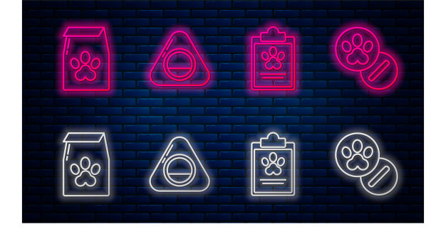 备有宠物床、宠物病历夹板、宠物、狗粮袋、药片等。砖墙上发光的霓虹灯图标。向量图片下载
