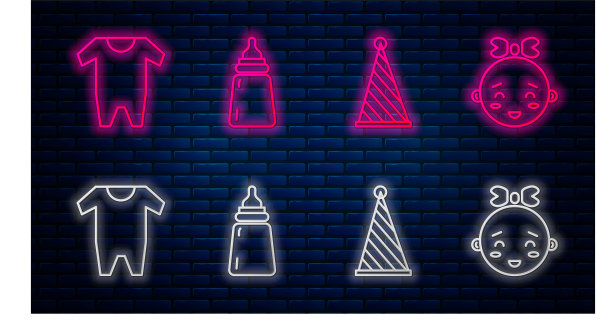 设行婴儿奶瓶，派对帽，婴儿衣服和快乐小女孩头。砖墙上发光的霓虹灯图标。向量图片下载
