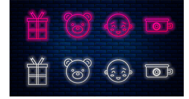 系列泰迪熊毛绒玩具，快乐小男孩头，礼盒和婴儿便盆。砖墙上发光的霓虹灯图标。向量图片下载
