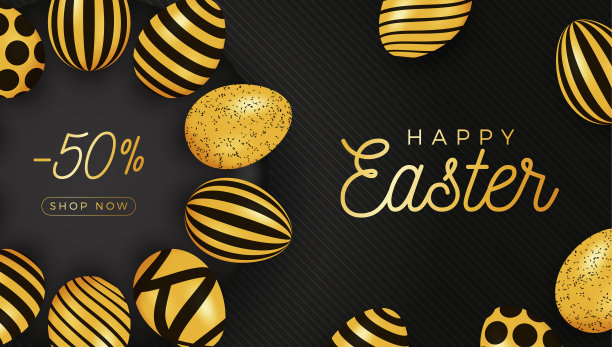 复活节彩蛋横旗。复活节卡片上的彩蛋在黑色的盘子上围成一个圈，金色和黑色装饰的彩蛋在黑色条纹的现代背景上。矢量插图。放置你的文本。图片下载